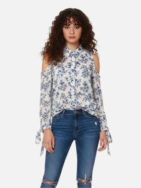 Green Floral Button Down Collar Shirt with Open Shoulders
